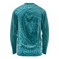 Hawaiian Turtle and Shark Long Sleeve Shirt Kakau Tribal with Polynesian Pattern Turquoise Color LT03 - Polynesian Pride