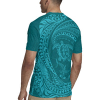 Hawaiian Turtle and Shark Rugby Jersey Kakau Tribal with Polynesian Pattern Turquoise Color LT03 - Polynesian Pride