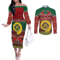 Personalised Vanuatu Christmas Couples Matching Off The Shoulder Long Sleeve Dress and Long Sleeve Button Shirts Pig Tusk Beautiful Merry Xmas Snowflake LT03 Red - Polynesian Pride