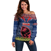 Personalised Guam Christmas Off Shoulder Sweater Chamorro Guam Tattoos Beautiful Merry Xmas Snowflake LT03 Women Blue - Polynesian Pride
