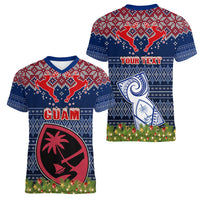 Personalised Guam Christmas Women V Neck T Shirt Chamorro Guam Tattoos Beautiful Merry Xmas Snowflake LT03 - Polynesian Pride