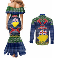 Niue Christmas Couples Matching Mermaid Dress and Long Sleeve Button Shirts Coat of Arms and Map Beautiful Merry Xmas Snowflake LT03 - Polynesian Pride