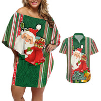 Kiribati Christmas Couples Matching Off Shoulder Short Dress and Hawaiian Shirt Santa With Gift Bag Behind Ribbons Seamless Green Maori LT03 Green - Polynesian Pride