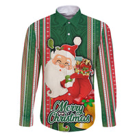 Kiribati Christmas Family Matching Summer Maxi Dress and Hawaiian Shirt Santa With Gift Bag Behind Ribbons Seamless Green Maori LT03 Dad's Shirt - Long Sleeve Green - Polynesian Pride