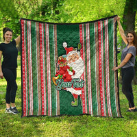 Custom Kiribati Christmas Quilt Santa With Gift Bag Behind Ribbons Seamless Green Maori LT03 - Polynesian Pride