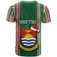 Custom Kiribati Christmas T Shirt Santa With Gift Bag Behind Ribbons Seamless Green Maori LT03 - Polynesian Pride