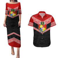 Tonga Couples Matching Puletasi Dress and Hawaiian Shirt Tonga Coat of Arms with Seamless Tapa Ngatu Pattern LT03 Black - Polynesian Pride