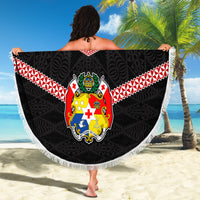 Personalised Tonga Beach Blanket Tonga Coat of Arms with Seamless Tapa Ngatu Pattern LT03 - Wonder Print Shop