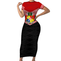 Personalised Tonga Family Matching Short Sleeve Bodycon Dress and Hawaiian Shirt Tonga Coat of Arms with Seamless Tapa Ngatu Pattern LT03 Mom's Dress Black - Polynesian Pride