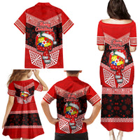 Tonga Christmas Family Matching Puletasi Dress and Hawaiian Shirt Tongan Coat of Arms Santa With Ngatu Pattern Christmas Red Style LT03 - Polynesian Pride