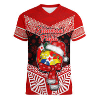 Tonga Christmas Women V Neck T Shirt Tongan Coat of Arms Santa With Ngatu Pattern Christmas Red Style LT03 Female Red - Polynesian Pride