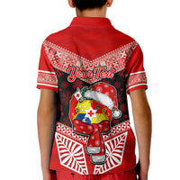 Personalised Tonga Christmas Kid Polo Shirt Tongan Coat of Arms Santa With Ngatu Pattern Christmas Red Style LT03 - Polynesian Pride