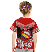 Personalised Tonga Christmas Kid T Shirt Tongan Coat of Arms Santa With Ngatu Pattern Christmas Red Style LT03 - Polynesian Pride
