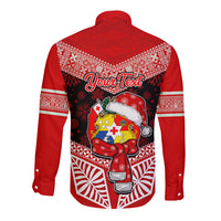 Personalised Tonga Christmas Long Sleeve Button Shirt Tongan Coat of Arms Santa With Ngatu Pattern Christmas Red Style LT03 - Polynesian Pride