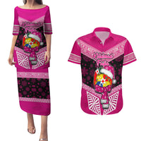 Tonga Christmas Couples Matching Puletasi Dress and Hawaiian Shirt Tongan Coat of Arms Santa With Ngatu Pattern Christmas Pink Style LT03 Pink - Polynesian Pride