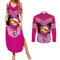 Tonga Christmas Couples Matching Summer Maxi Dress and Long Sleeve Button Shirts Tongan Coat of Arms Santa With Ngatu Pattern Christmas Pink Style LT03 Pink - Polynesian Pride