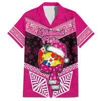 Tonga Christmas Family Matching Off Shoulder Short Dress and Hawaiian Shirt Tongan Coat of Arms Santa With Ngatu Pattern Christmas Pink Style LT03 Dad's Shirt - Short Sleeve Pink - Polynesian Pride