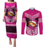 Personalised Tonga Christmas Couples Matching Puletasi Dress and Long Sleeve Button Shirts Tongan Coat of Arms Santa With Ngatu Pattern Christmas Pink Style LT03 Pink - Polynesian Pride