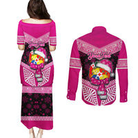 Personalised Tonga Christmas Couples Matching Puletasi Dress and Long Sleeve Button Shirts Tongan Coat of Arms Santa With Ngatu Pattern Christmas Pink Style LT03 - Polynesian Pride