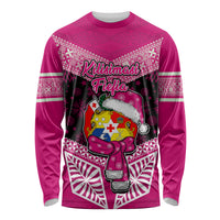 Personalised Tonga Christmas Long Sleeve Shirt Tongan Coat of Arms Santa With Ngatu Pattern Christmas Pink Style LT03 Unisex Pink - Polynesian Pride