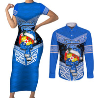 Tonga Christmas Couples Matching Short Sleeve Bodycon Dress and Long Sleeve Button Shirts Tongan Coat of Arms Santa With Ngatu Pattern Christmas Blue Style LT03 Blue - Polynesian Pride