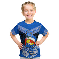 Tonga Christmas Kid T Shirt Tongan Coat of Arms Santa With Ngatu Pattern Christmas Blue Style LT03 Blue - Polynesian Pride