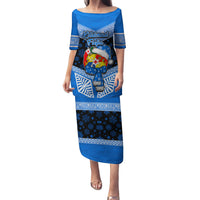 Personalised Tonga Christmas Family Matching Puletasi Dress and Hawaiian Shirt Tongan Coat of Arms Santa With Ngatu Pattern Christmas Blue Style LT03 Mom's Dress Blue - Polynesian Pride