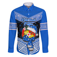 Personalised Tonga Christmas Family Matching Summer Maxi Dress and Hawaiian Shirt Tongan Coat of Arms Santa With Ngatu Pattern Christmas Blue Style LT03 Dad's Shirt - Long Sleeve Blue - Polynesian Pride