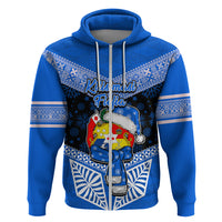 Personalised Tonga Christmas Hoodie Tongan Coat of Arms Santa With Ngatu Pattern Christmas Blue Style LT03 - Polynesian Pride