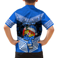 Personalised Tonga Christmas Kid Hawaiian Shirt Tongan Coat of Arms Santa With Ngatu Pattern Christmas Blue Style LT03 - Polynesian Pride