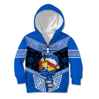 Personalised Tonga Christmas Kid Hoodie Tongan Coat of Arms Santa With Ngatu Pattern Christmas Blue Style LT03 Zip Hoodie Blue - Polynesian Pride