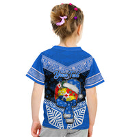 Personalised Tonga Christmas Kid T Shirt Tongan Coat of Arms Santa With Ngatu Pattern Christmas Blue Style LT03 - Polynesian Pride