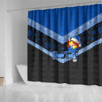 Personalised Tonga Christmas Shower Curtain Tongan Coat of Arms Santa With Ngatu Pattern Christmas Blue Style LT03 - Polynesian Pride
