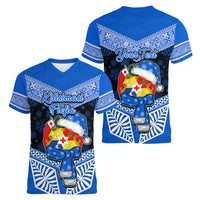Personalised Tonga Christmas Women V Neck T Shirt Tongan Coat of Arms Santa With Ngatu Pattern Christmas Blue Style LT03 - Polynesian Pride