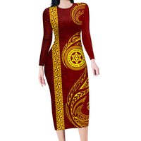 Tonga Ha'apai High School Family Matching Long Sleeve Bodycon Dress and Hawaiian Shirt Ngatu and Maori Ethnic Tribal Pattern LT03 Mom's Dress Red - Polynesian Pride