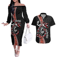 Aotearoa Toitu Te Tiriti Couples Matching Off The Shoulder Long Sleeve Dress and Hawaiian Shirt Maori Taniwha Haka - Honour the Treaty LT03