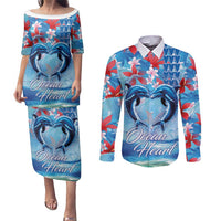 Hawaiian Dolphin Love Couple - Ocean Heart Couples Matching Puletasi and Long Sleeve Button Shirt LT03 Blue - Polynesian Pride