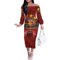 Hawaiian Turtle Love Couple Family Matching Off The Shoulder Long Sleeve Dress and Hawaiian Shirt Ocean Serenade - Honu Honi Ihu with Hibiscus and Romantic Sunset Red Color