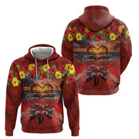 Hawaiian Turtle Love Couple Hoodie Ocean Serenade - Honu Honi Ihu with Hibiscus and Romantic Sunset Red Color