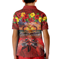 Hawaiian Turtle Love Couple Kid Polo Shirt Ocean Serenade - Honu Honi Ihu with Hibiscus and Romantic Sunset Red Color