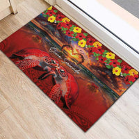 Hawaiian Turtle Love Couple Rubber Doormat Ocean Serenade - Honu Honi Ihu with Hibiscus and Romantic Sunset Red Color