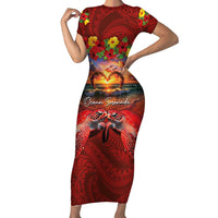 Hawaiian Turtle Love Couple Short Sleeve Bodycon Dress Ocean Serenade - Honu Honi Ihu with Hibiscus and Romantic Sunset Red Color