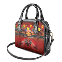 Hawaiian Turtle Love Couple Shoulder Handbag Ocean Serenade - Honu Honi Ihu with Hibiscus and Romantic Sunset Red Color