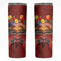 Hawaiian Turtle Love Couple Skinny Tumbler Ocean Serenade - Honu Honi Ihu with Hibiscus and Romantic Sunset Red Color