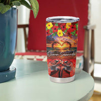 Hawaiian Turtle Love Couple Tumbler Cup Ocean Serenade - Honu Honi Ihu with Hibiscus and Romantic Sunset Red Color
