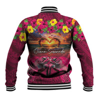 Hawaiian Turtle Love Couple Baseball Jacket Ocean Serenade - Honu Honi Ihu with Hibiscus and Romantic Sunset Pink Color