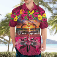 Hawaiian Turtle Love Couple Hawaiian Shirt Ocean Serenade - Honu Honi Ihu with Hibiscus and Romantic Sunset Pink Color