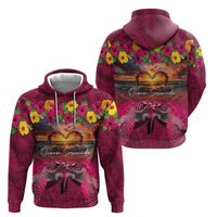 Hawaiian Turtle Love Couple Hoodie Ocean Serenade - Honu Honi Ihu with Hibiscus and Romantic Sunset Pink Color