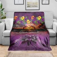 Hawaiian Turtle Love Couple Blanket Ocean Serenade - Honu Honi Ihu with Hibiscus and Romantic Sunset Purple Color