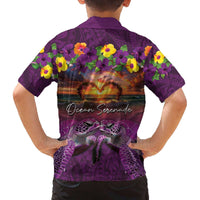 Hawaiian Turtle Love Couple Family Matching Off The Shoulder Long Sleeve Dress and Hawaiian Shirt Ocean Serenade - Honu Honi Ihu with Hibiscus and Romantic Sunset Purple Color